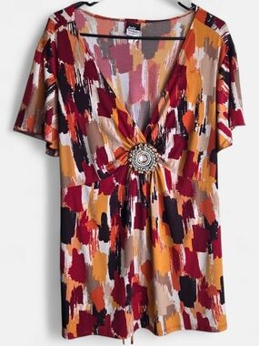 Judy Knapp Multi-Color V-Neck Tunic with Embellished Medallion